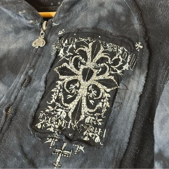 Y2K Rock & Roll Cowgirl Blue & Black Tie Dye Bling Cross Zip Up Jacket Sz M - Picture 2 of 12